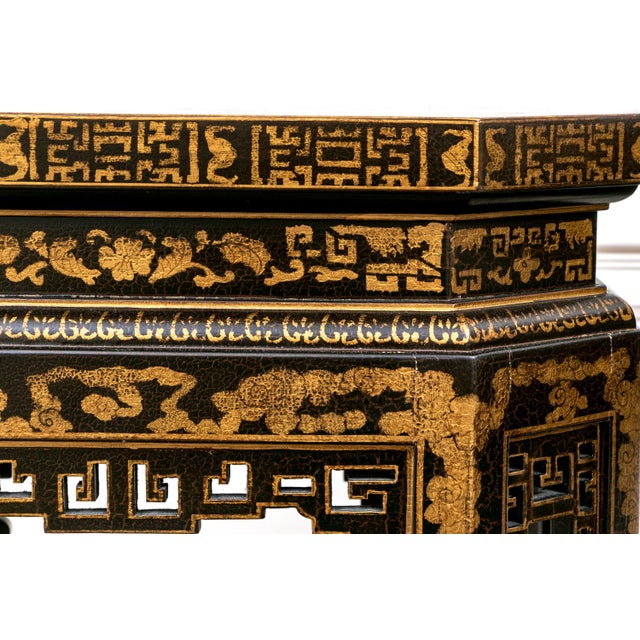 Mid 20th Century Vintage Chinoiserie Black Lacquered Octagonal Pedestal Stands—A Pair For Sale - Image 5 of 12
