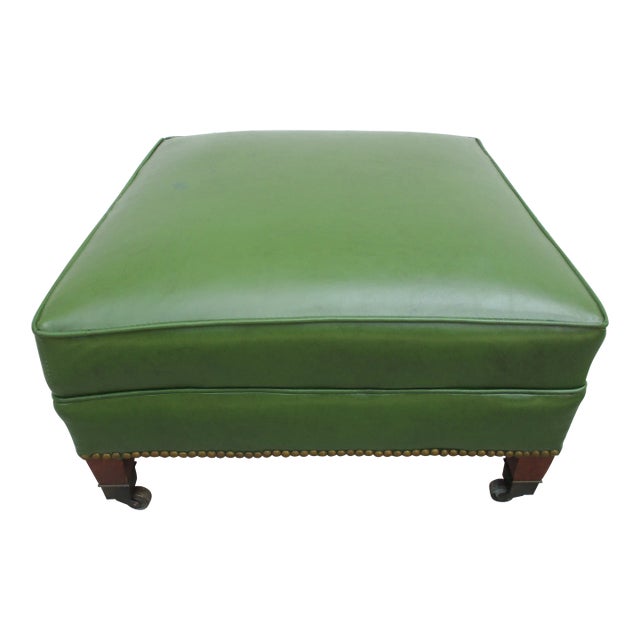 50s Square Olive Green Vinyl Footstool Brass Tacks and Casters For Sale