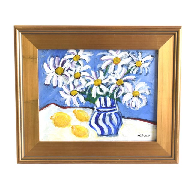 2020s Vase of Flowers Oil Painting by the Talented Ruth Arenz Including the Antiqued Gold Wood Frame For Sale - Image 5 of 7