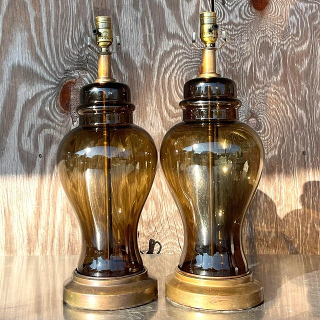 Vintage Boho Smoked Glass Ginger Jar Lamps - a Pair For Sale - Image 10 of 13