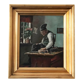 Vintage Original Cottage Oil Painting: Gilded Framed Interior Art For Sale