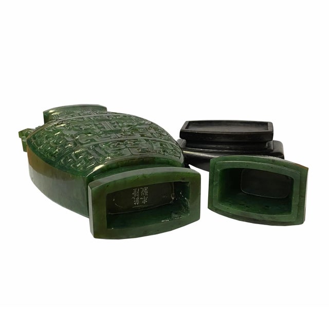 2000 - 2009 Natural Green Jasper Stone Carved Dragon Accent Flask Display Vase For Sale - Image 5 of 9