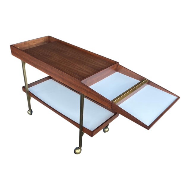 Paul McCobb Style Mid-Century Walnut Bar Cart With Brass Accents For Sale - Image 14 of 14