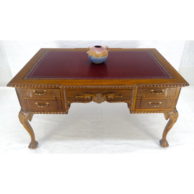 Brown Carved Mahogany Leather Top Ball & Claw Writing Table Executive Desk MINT! For Sale - Image 8 of 18