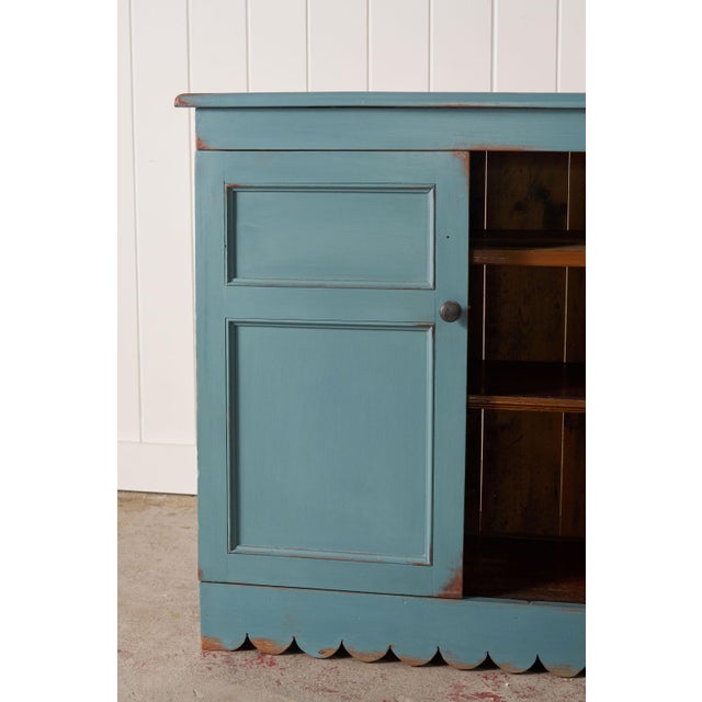 Wood Antique English Pine Blue Painted Cabinet With Interior Shelves + Scalloped Apron For Sale - Image 7 of 10