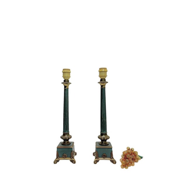 Mid-Century Modern Empire Style Green Metal and Brass Table Lamps, 1960s, Set of 2 For Sale - Image 3 of 10