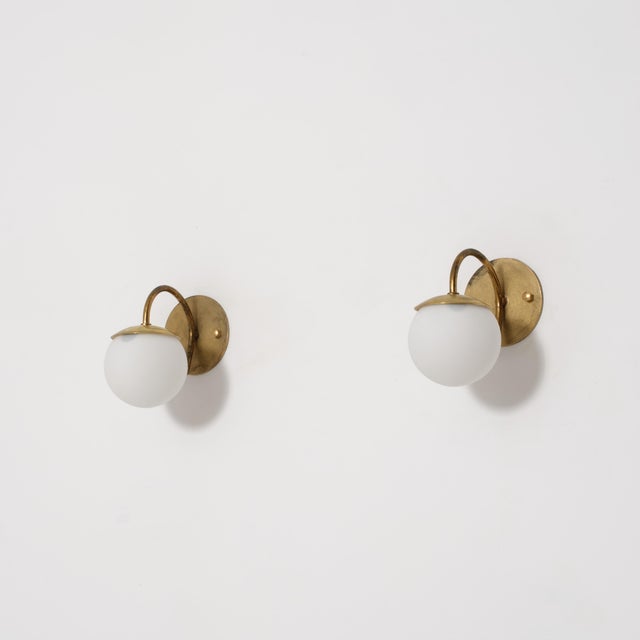 Metal Vintage Italian Brass and Opaline Glass Globe Wall Sconces, 1950s, Set of 2 For Sale - Image 7 of 7