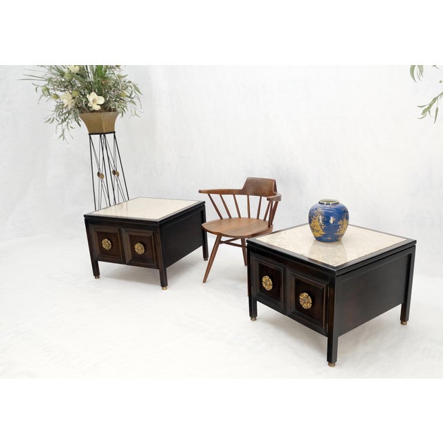 Mid 20th Century Pair Square Marble Top 2 Door Nightstands End Tables Large Decorative Pulls Mint For Sale - Image 5 of 16