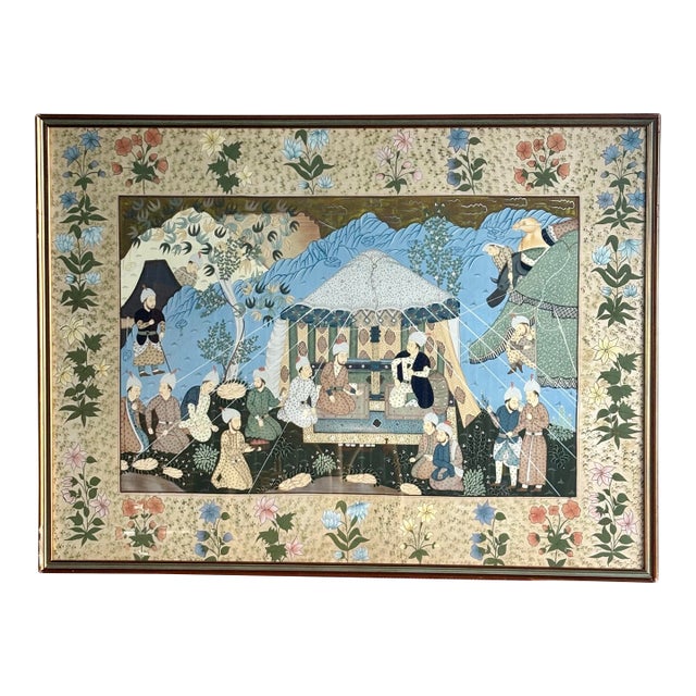 20th Century Mughal Court Painting on Silk - Persian Indian Miniature Style For Sale