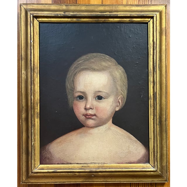 Antique 18th Century English George III Primitive Folk Art Oil Painting - Portrait of a Young Boy in Gilt Wood Frame Circa 1790 For Sale - Image 4 of 12