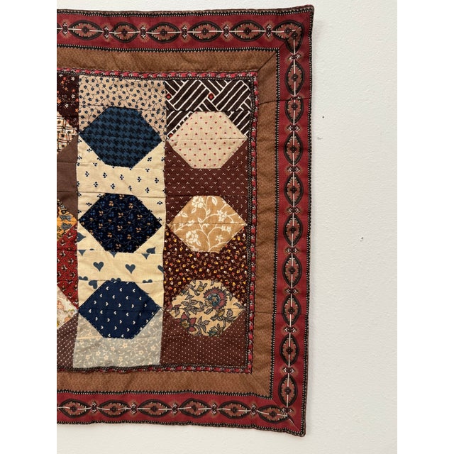 Vintage Traditional Americana Geometric Quilted Textile Art, Brown, Navy, Cream For Sale - Image 11 of 12