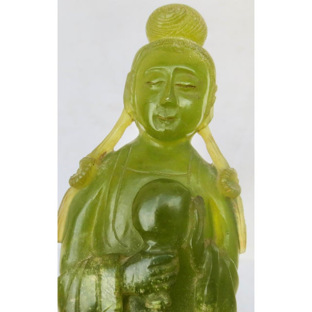 Vintage Standing Kuan Yin Fluorite Carving mounted on a wooden base. Early 20th-century Chinese export figure. Carved in...