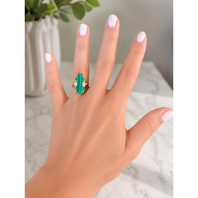 1980s Italian Modernist 14k Gold Malachite & Diamond Statement Ring, Signed Tj, Size 6.75 For Sale - Image 14 of 15