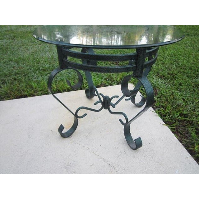 Mid-Century Modern Vintage Salterini Style Round End Table Green Metal Glass Top For Sale - Image 3 of 8