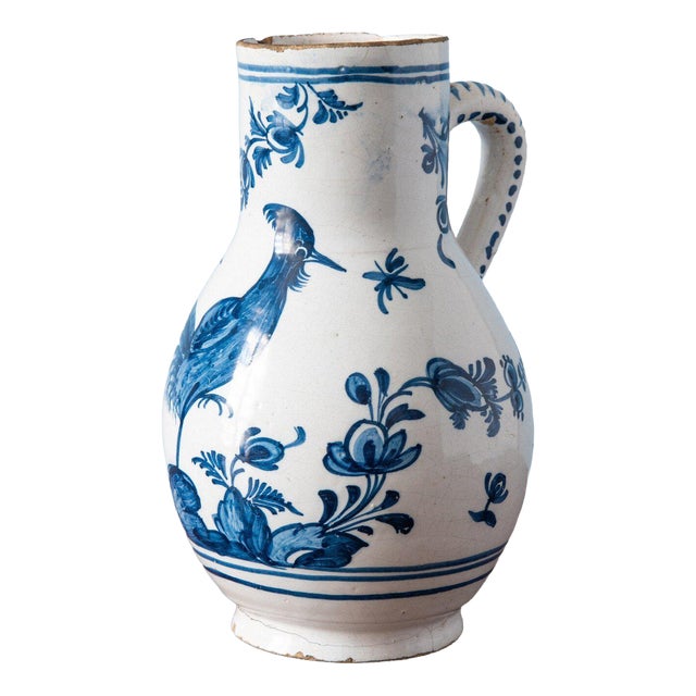 Antique Blue & White Rooster Jug, 1700s For Sale