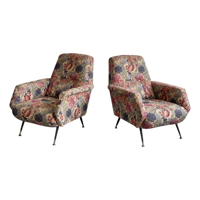 Mid-Century Floral Upholstery Armchair in the style of Marco Zanuso, Italy, 1970s For Sale