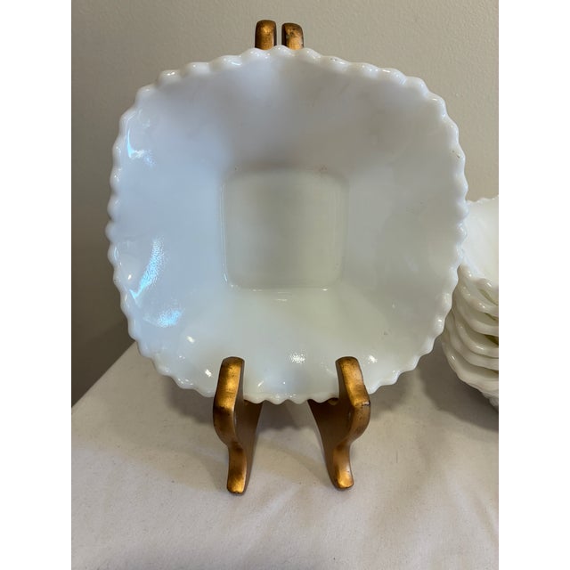 Vintage Milk Glass Ruffled Bowls With Quilted Diamond Pattern, Set of 8 For Sale In Oklahoma City - Image 6 of 10