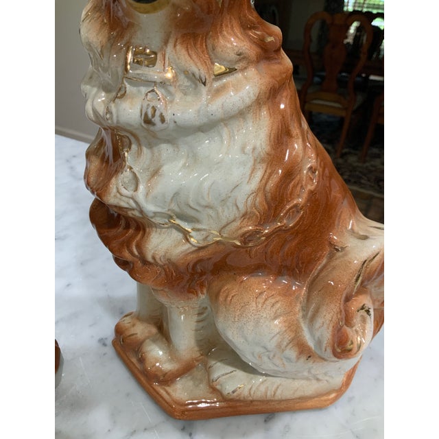 Brown 19th Century Antique Pair Bo’Ness Wally Spaniel Mantel Dogs - Staffordshire Style Scottish Pottery W/Glass Eyes & Gilt Details - 12.5” See Pics! For Sale - Image 8 of 12