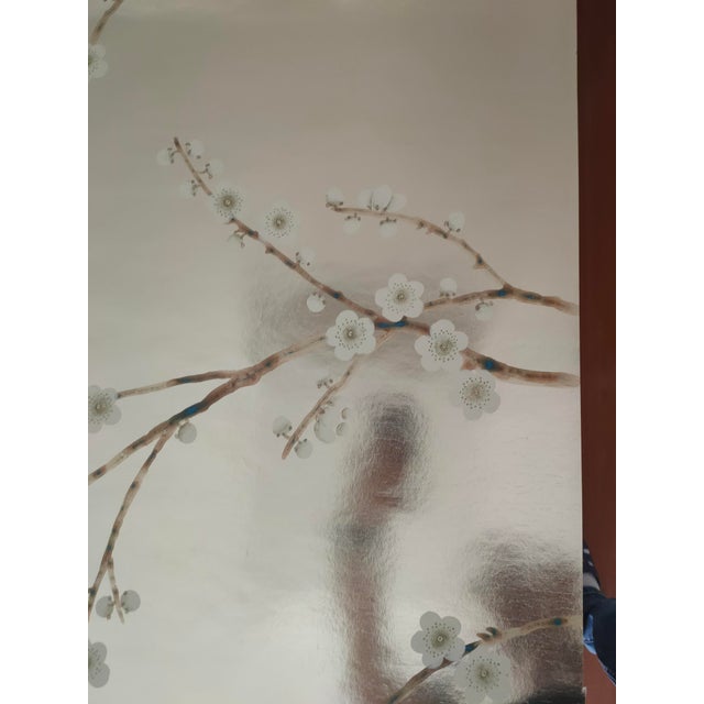 Chinoiserie Silver Leaf Chinoiserie Hand-Painted White Plum Blossom Wall Panels (Set of 2) For Sale - Image 3 of 7