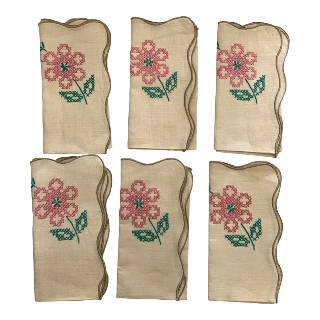 Vintage Handmade Linen Ivory, Pink & Green Floral Embroidered Napkins- Set of 6 For Sale