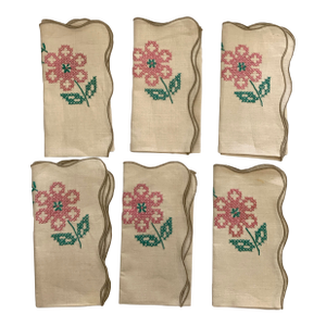 Vintage Handmade Linen Ivory, Pink & Green Floral Embroidered Napkins- Set of 6