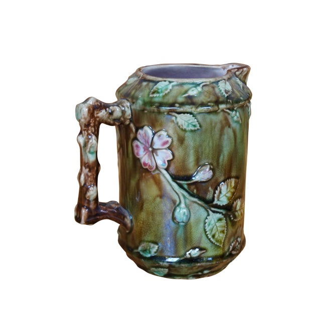 French Antique Majolica French Barbotine Dog Rose Flower Blossom Water Pitcher Jug For Sale - Image 3 of 12