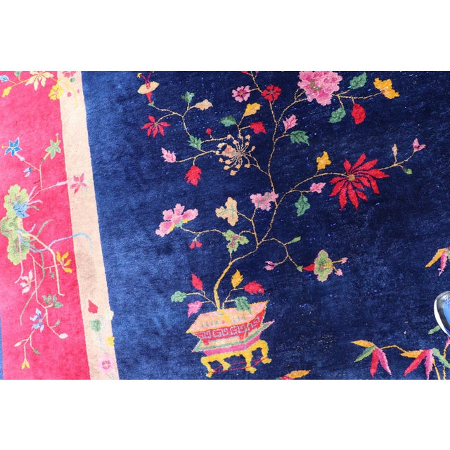 Large Antique Art Deco Rug in Deep Navy Blue With Vibrant Red Border For Sale - Image 11 of 13