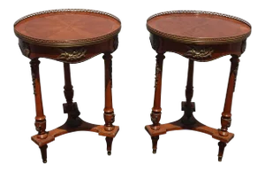 Vintage French Louis XVI Side Table W Brass Ormolu Marquetry Inlay Brass Fencing