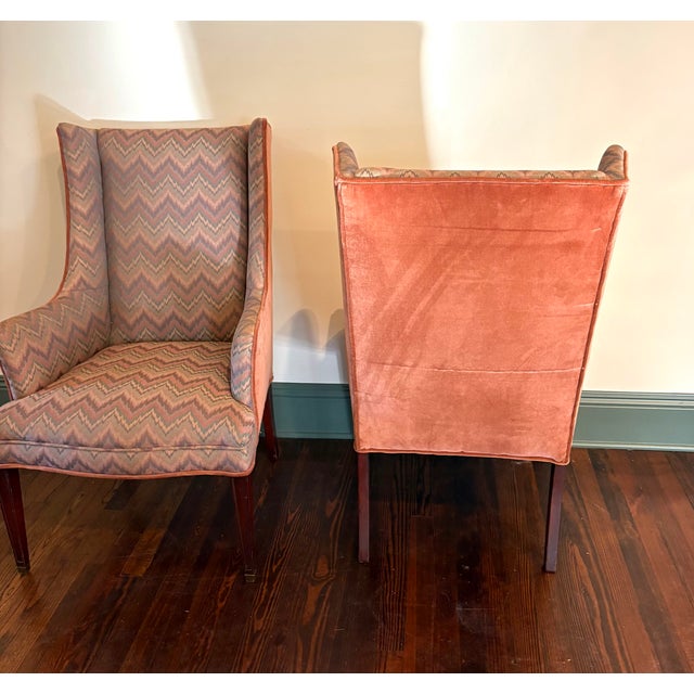 Flamestitch / Peach Velvet Wingback Chairs For Sale - Image 4 of 5
