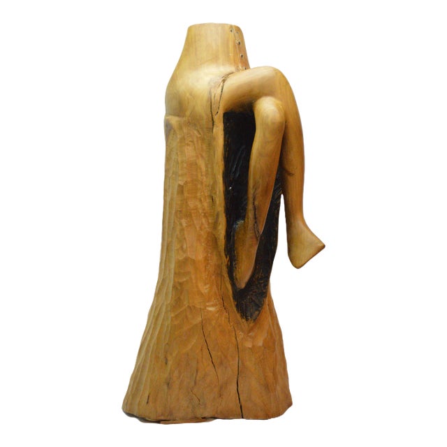 Hand Carved Signed Biomorphic Solid Wood Large Seated Female Sculpture For Sale