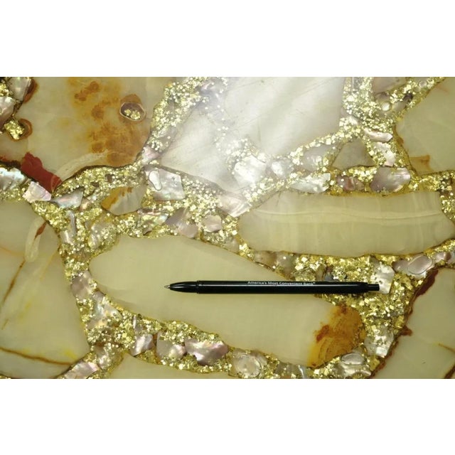 Gold Hollywood Regency Gold Iron Scroll Agate Stone Specimen Resin Top Coffee Table For Sale - Image 8 of 12