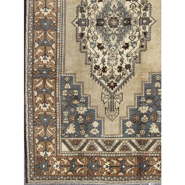 Tribal Vintage Turkish Medallion Oushak Rug in Rustic Blue, Mocha, and Taupe 7'2 X 12'9 For Sale - Image 3 of 8