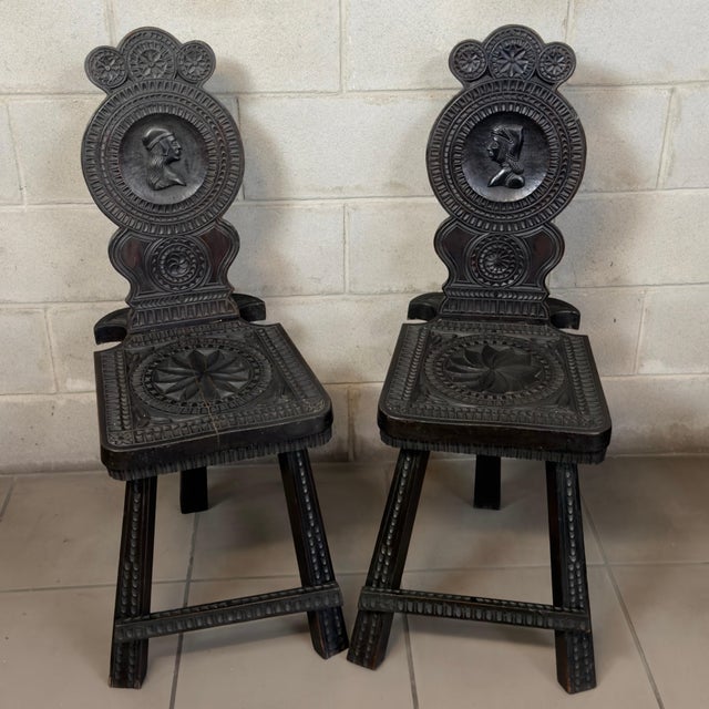Antique Neo-Renaissance Black Carved Wood Chairs, 19th Century, Set of 2 For Sale - Image 11 of 11