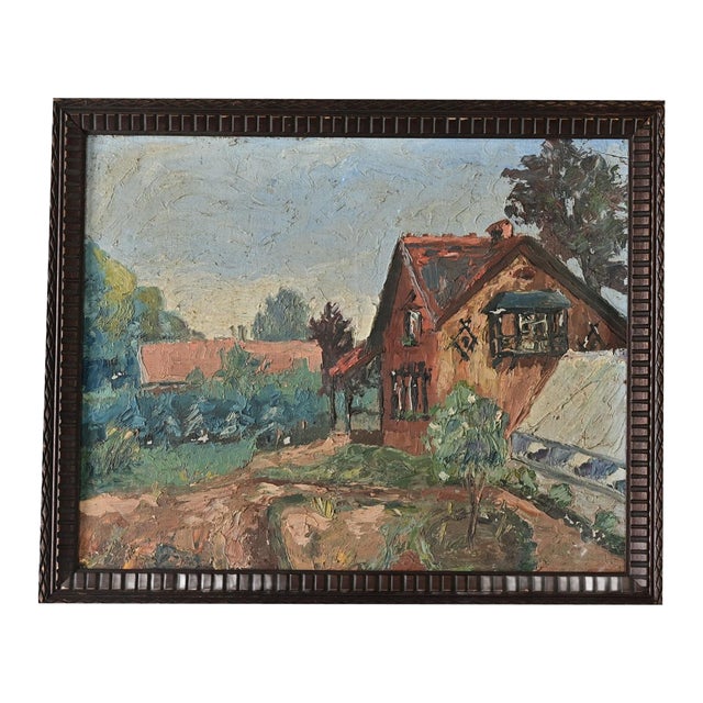 French Vintage Framed Painting of a Homestead For Sale