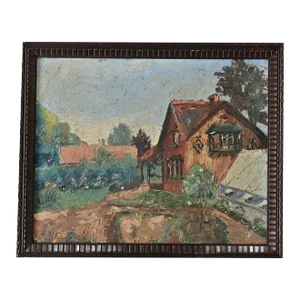 French Vintage Framed Painting of a Homestead