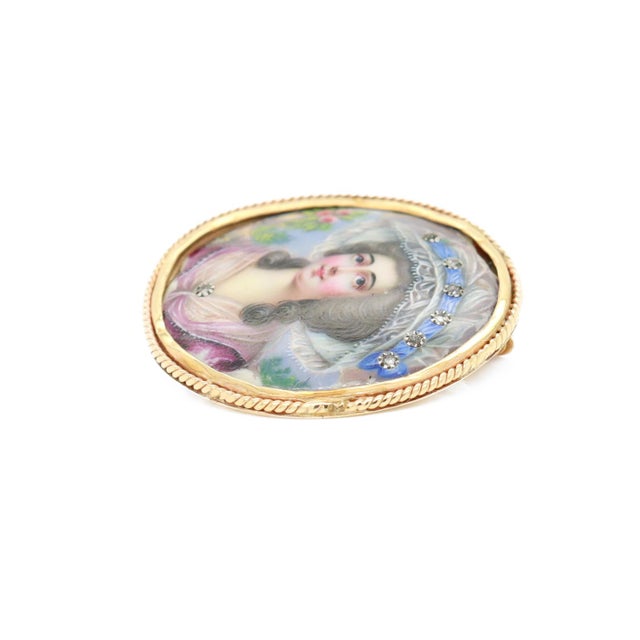 19th Century Antique Victorian 14k Gold, Diamond, and Porcelain Brooch For Sale - Image 5 of 11