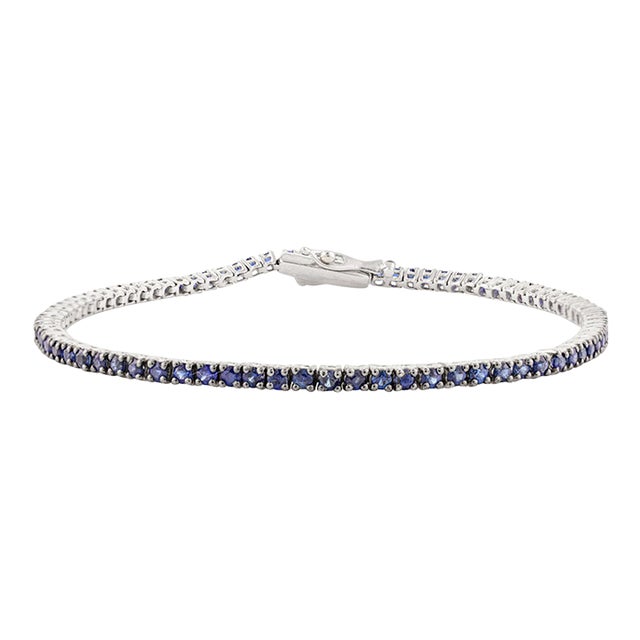 Unisex Blue Sapphire Cable Chain Bracelet in 18k White Gold For Sale