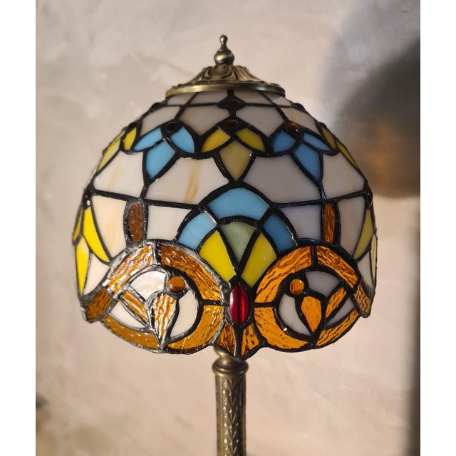 Antique Chiseled Bronze Table Lamp with Stained Glass Lampshade, 1900 For Sale - Image 4 of 10