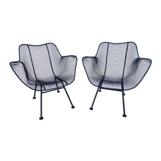 1950s Set of 2 Russell Woodard "Sculptura" Black Iron Mesh Dining Armchairs, Attributed For Sale
