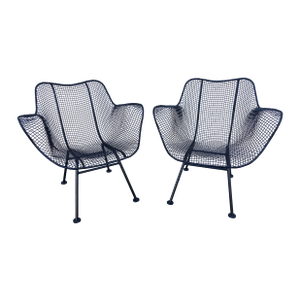 1950s Set of 2 Russell Woodard "Sculptura" Black Iron Mesh Dining Armchairs, Attributed