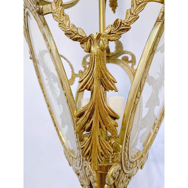 Metal Vintage Bronze Lantern With Etched Glass Panels For Sale - Image 7 of 10