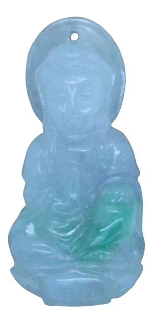 1980s Light Green Sitting Jade Kwan Yin Bodhisattva Goddess of Mercy Jade Pendant