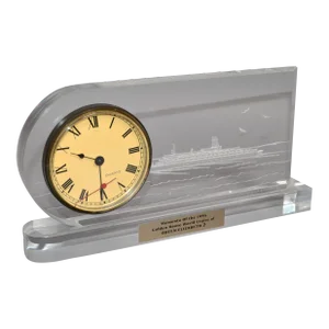 Michael F. Cox Reverse Carved Lucite Desk Clock Queen Elizabeth 2 Cruise Ship 95