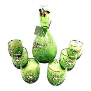 Vintage Hand-Painted Decanter & 6-Glass Set For Sale