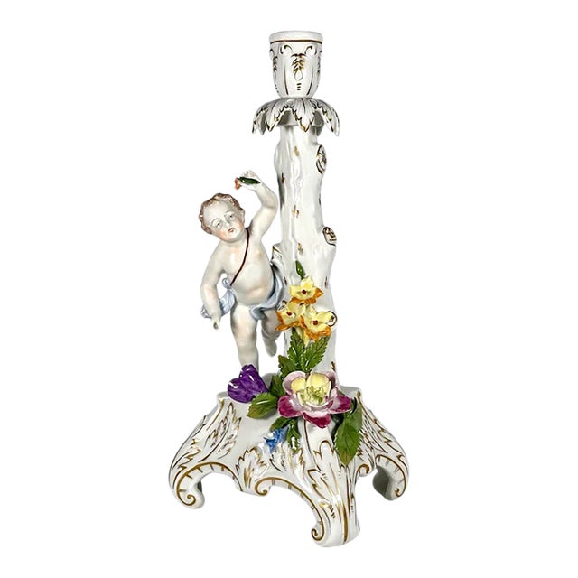 Carl Thieme Dresden Porcelain Figural Putto Candlestick For Sale
