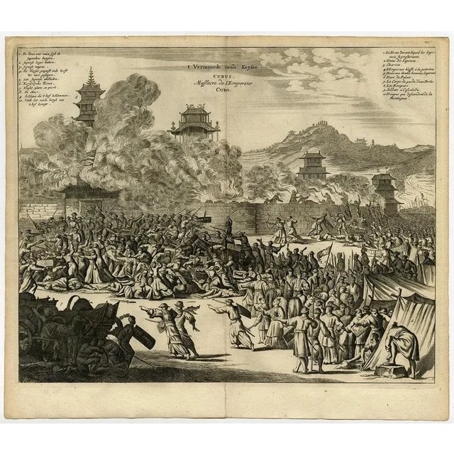 Antique print, titled: ''t Murdered sold Keyser Cubus. Massacre of the Cubo Emperor.' - ('Murder of the Emperor Cubo')....