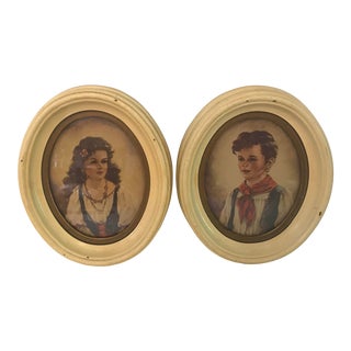 French Girl and Boy Prints in Vintage Frames - a Pair For Sale