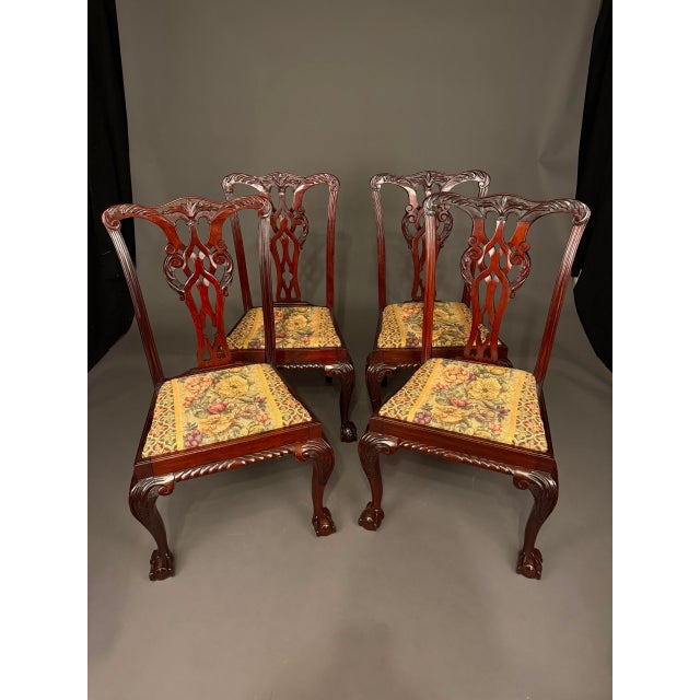 Late 19th Century Antique Chippendale Style Mahogany Side Chair Set of 4 With Floral Upholstery, C. 1890 For Sale - Image 5 of 16