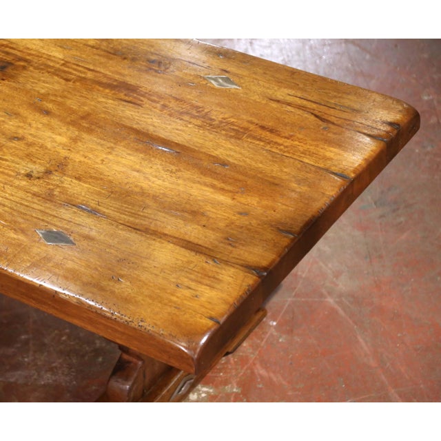 19th C. Louis XIII Style French Carved Walnut Refectory Table With Trestle Base For Sale - Image 4 of 10