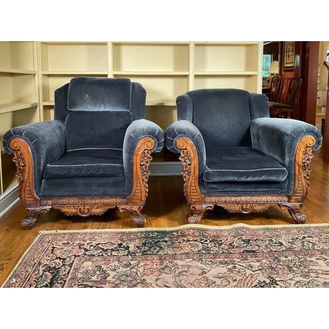 Late 19th Century Stunning Blue Velvet Empire Revival Accent Chairs (Pair) For Sale - Image 4 of 18